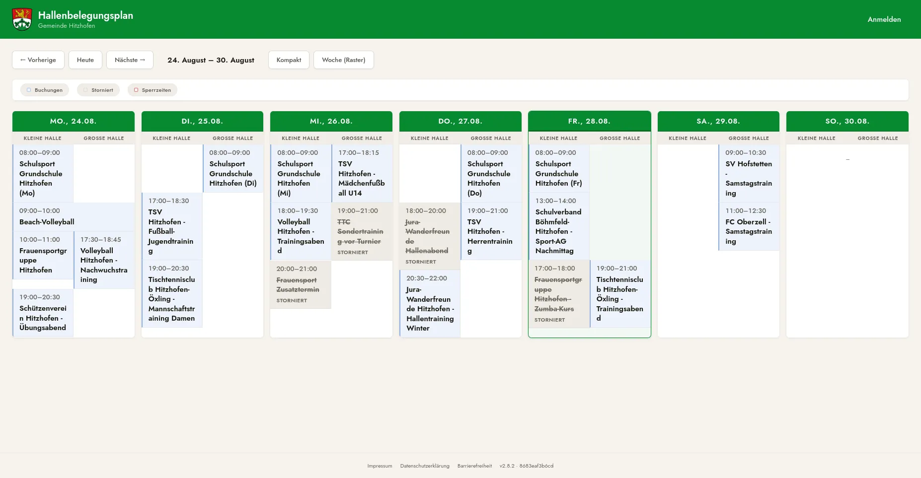 Kompakte Wochenansicht des Hallenbelegungsplans mit den Terminen je Tag als Liste.